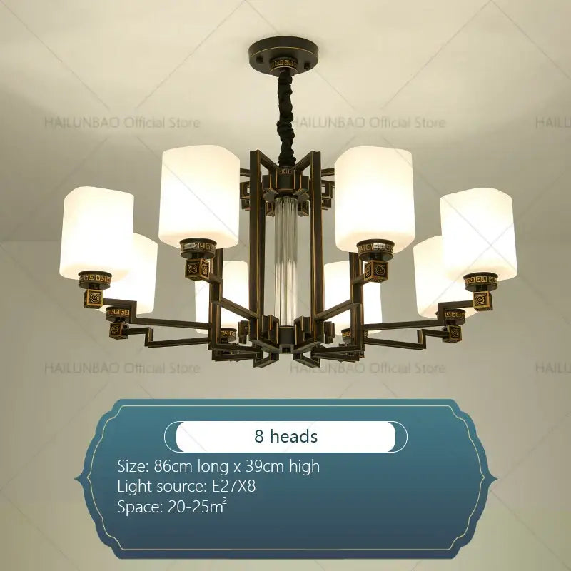 Bronze high jump floor hollow chandelier with eight frosted glass shades and ornate geometric metalwork for duplex decorbites high jump