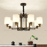 Bronze high jump floor hollow chandelier with six off-white cylindrical shades and geometric metal arms for duplex decorbites high jump