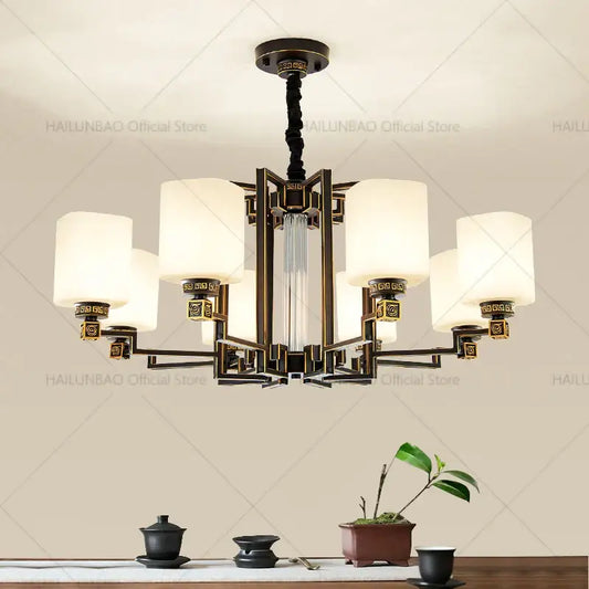 Bronze high jump floor hollow chandelier with six off-white cylindrical shades and geometric metal arms for duplex decorbites high jump