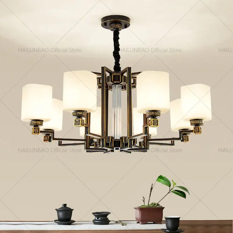 Bronze high jump floor hollow chandelier with six off-white cylindrical shades and geometric metal arms for duplex decorbites high jump
