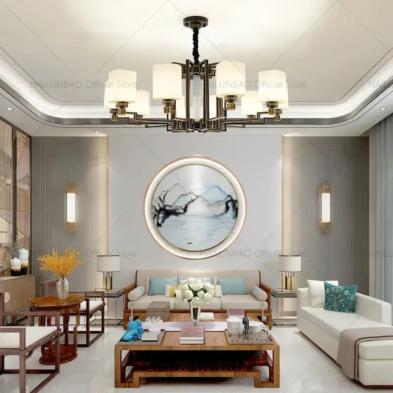 Modern bronze high jump floor hollow chandelier with six off-white cylindrical shades for duplex living room decorbites high jump