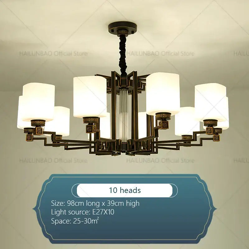 Bronze high jump floor hollow chandelier with ten frosted white cylindrical shades and ornate geometric metalwork for duplex living room decorbites high jump