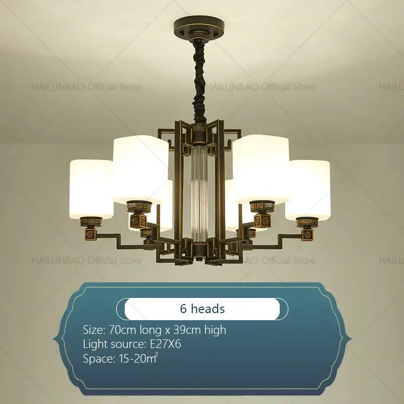 Bronze high jump floor hollow chandelier with six white cylindrical shades and a central glass column for duplex living room decorbites high jump