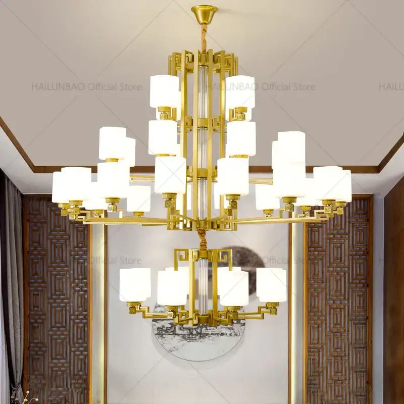 Bronze high jump floor hollow chandelier with gold-toned geometric design and white cylindrical shades for duplex living room decorbites high jump
