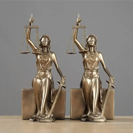 Bronze-colored justice goddess statue bookends holding scales and sword for study room decorbites justice goddess decor