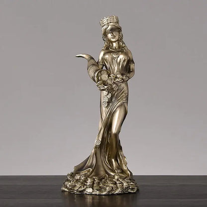 Bronze colored metallic greek wealth goddess fortuna figurine holding scales and horn with coins base for living room decor