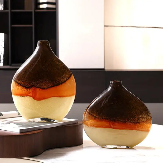 Two glossy brown and cream gradient glass vases by decorbites ideal for elegant home decor living room display
