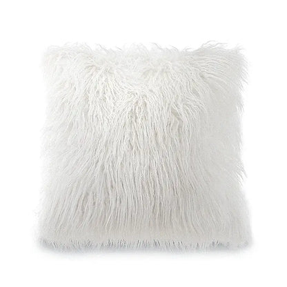 White plush cushion cover with long soft faux fur strands and slightly frayed edges for living room decor