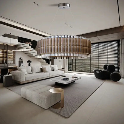 A modern brown crystal luxury chandelier featuring a circular metallic frame with vertical glass rods for living room decorbites brown crystal