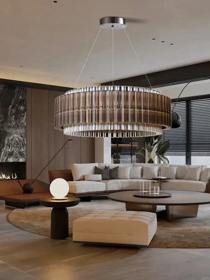 Brown crystal luxury chandelier with metallic frame and cascading glass rods for modern living room decorbites brown crystal