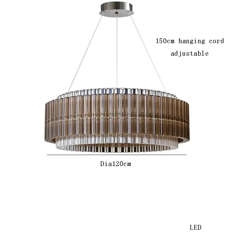 Modern brown crystal luxury chandelier with two-tiered amber and clear glass rods suspended by adjustable cord