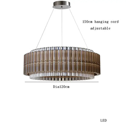 Modern brown crystal luxury chandelier with two-tiered amber and clear glass rods suspended by adjustable cord