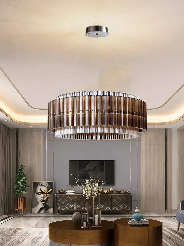 A modern brown crystal luxury chandelier with a metallic frame and amber glass rods for living room decorbites decor