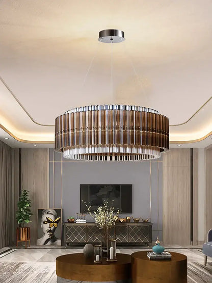 A modern brown crystal luxury chandelier with a metallic frame and amber glass rods for living room decorbites decor
