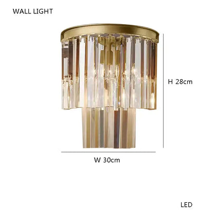 Gold-toned led wall light with cascading crystal prisms in decorbites brown crystal luxury chandelier style for living room decor