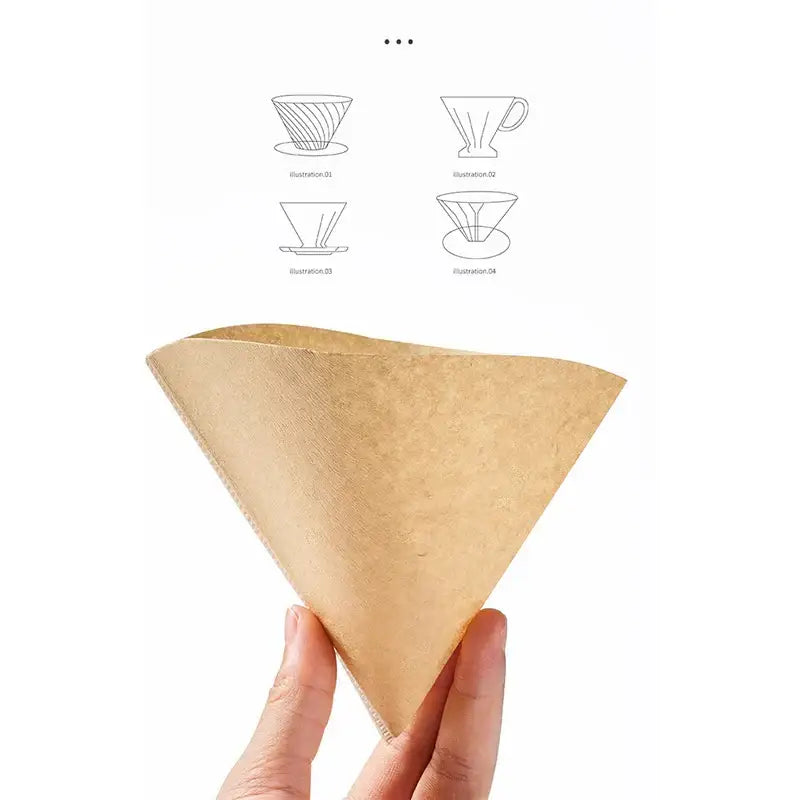 A hand holding a brown cone-shaped decorbites coffee cone made of filter paper for brewing coffee