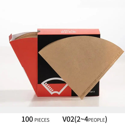 A stack of brown cone-shaped filter paper coffee cones in a red and black decorbites coffee cone box