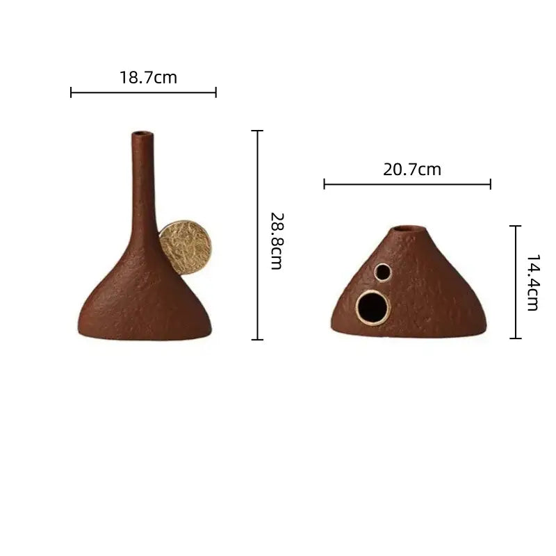 Brown geometric triangle ceramic vase with slender neck and circular openings for living room gold accent decorbites