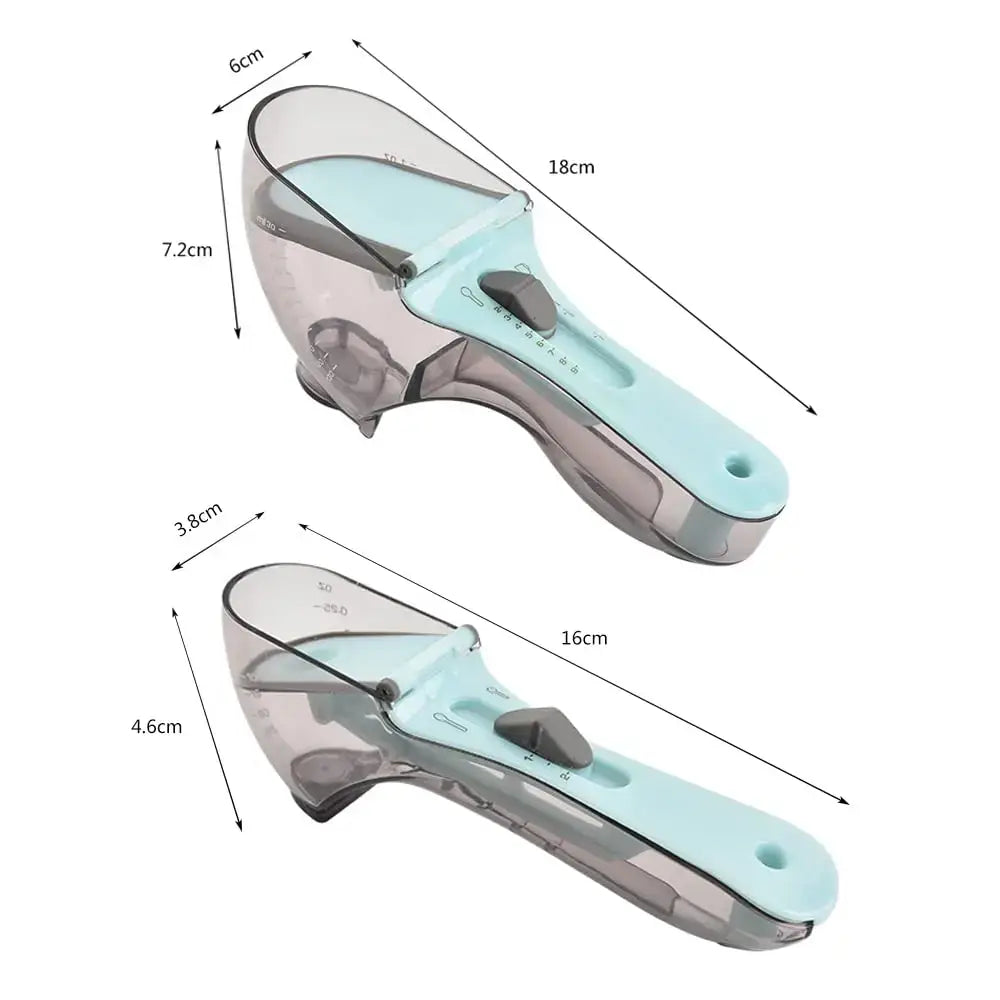 Brown and light blue adjustable measuring cups set with light blue transparent plastic spoons and gray slider mechanism