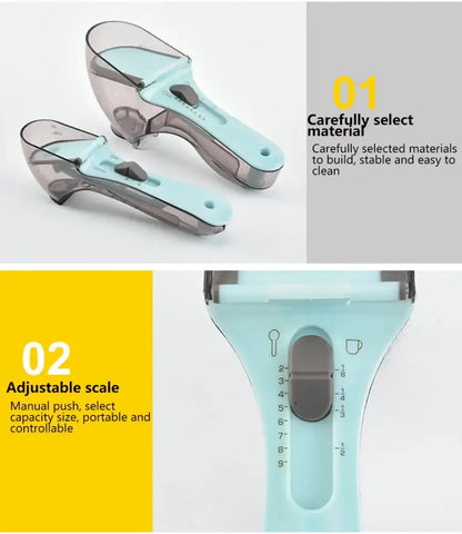 Brown and light blue adjustable measuring cups kitchen spoon set with translucent plastic and sliding scale for adjustable measuring