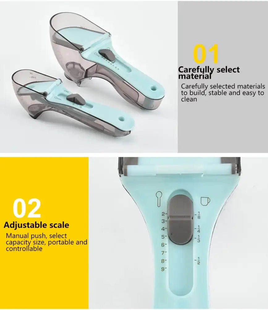 Brown and light blue adjustable measuring cups kitchen spoon set with translucent plastic and sliding scale for adjustable measuring