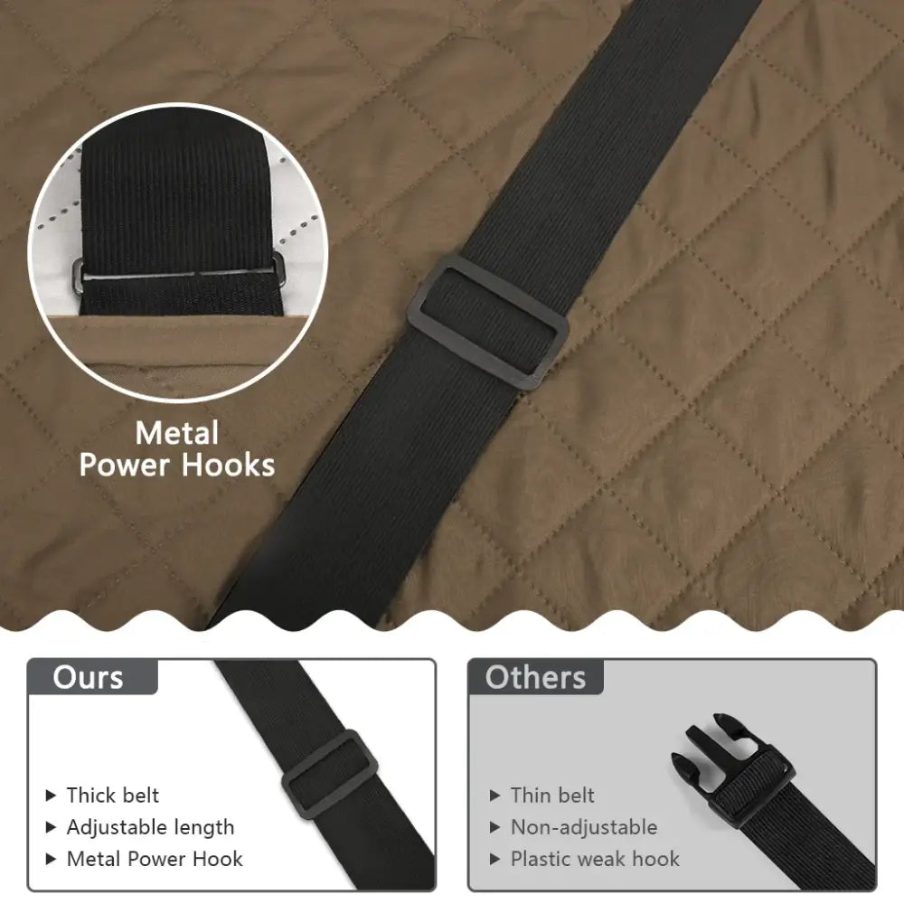 Black adjustable strap with metal power hook on brown quilted waterproof recliner cover for living room nonslip protection