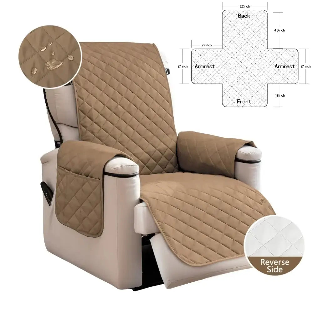 Beige quilted recliner chair cover with diamond stitching and white reverse side for nonslip living room protection