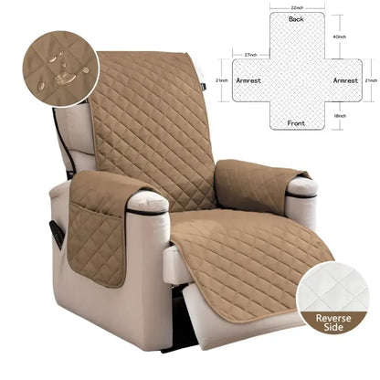 Beige quilted recliner chair cover with diamond stitching and white reverse side for nonslip living room protection
