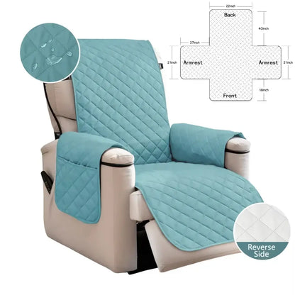 Teal quilted fabric chair cover with diamond-stitched pattern and water-resistant properties for recliner protection