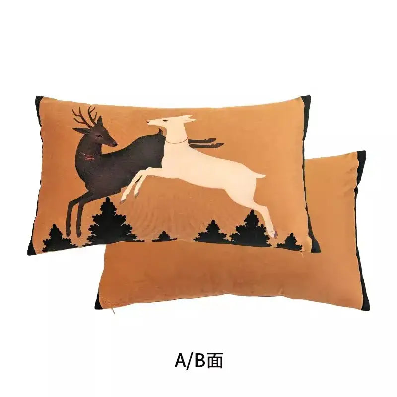 Rectangular tan fabric cushion cover with black cream embroidered deer and pine trees by decorbites handmade reindeer applique