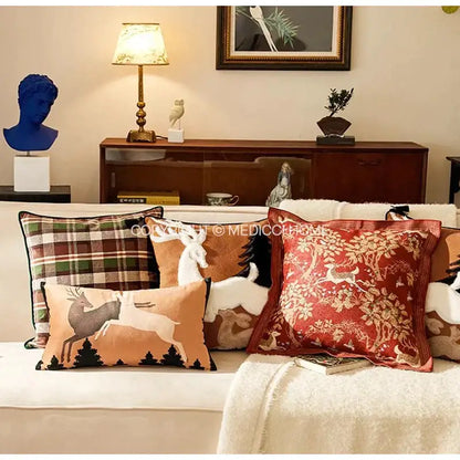 Brown velvet handmade reindeer applique cushion cover with earthy tones and plaid decorbites handmade reindeer design
