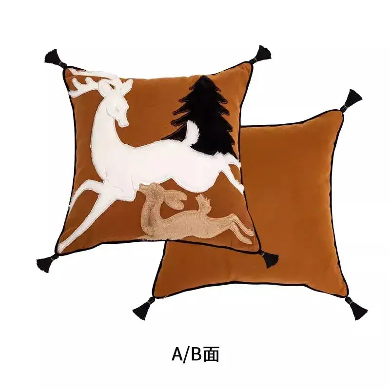 Brown velvet handmade reindeer applique cushion cover with embroidered deer design black tree and tassels decorbites decor