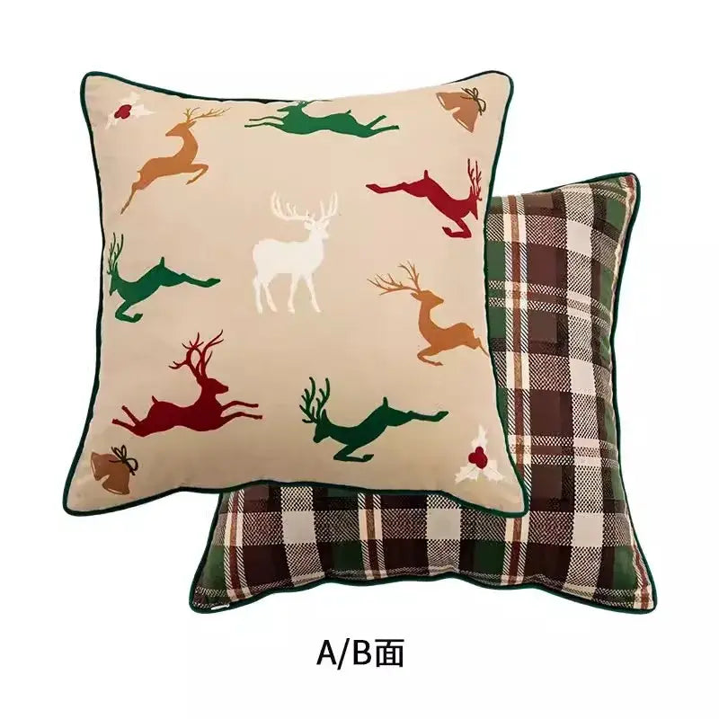 Brown velvet cushion cover with decorbites handmade reindeer applique and plaid pattern for living room decor