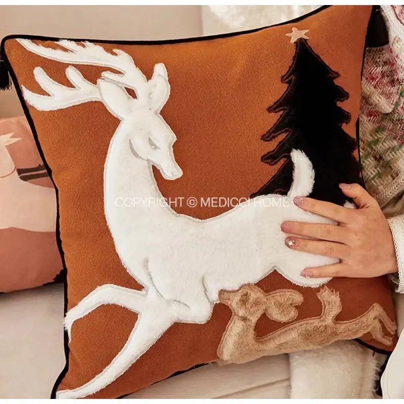 Brown velvet cushion cover with handmade reindeer applique in orange featuring white embroidery for living room decorbites decor