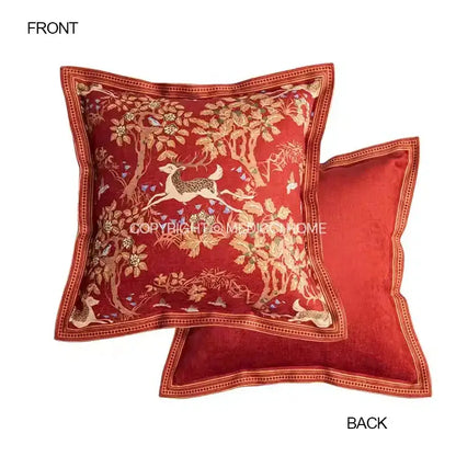 Red velvet cushion cover with decorbites handmade reindeer applique and gold embroidered forest scene for living room decor