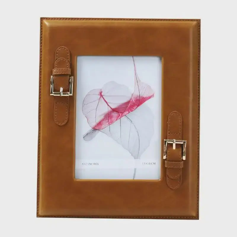 Brown weave leather photo frame with gold-tone buckle accents for elegant bedroom decor