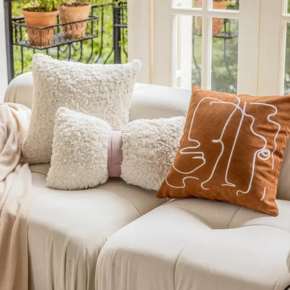 Brown velvet cushion cover with white decorbites geometric embroidery plush design for living room decor