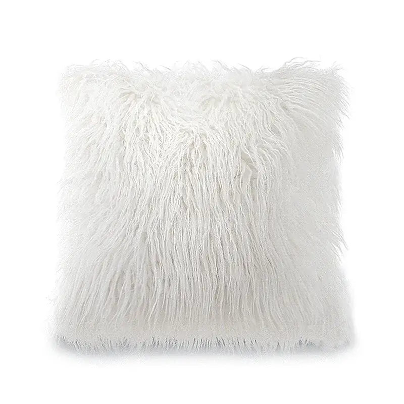 White plush faux fur throw pillow with long soft strands and frayed edge for brown and white geometric embroidery plush cushion cover decorbites