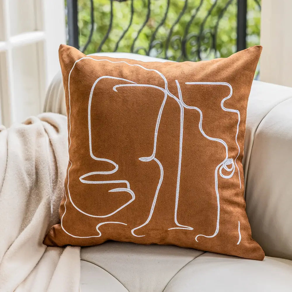 Brown suede cushion cover with white decorbites geometric embroidery plush design for living room decor