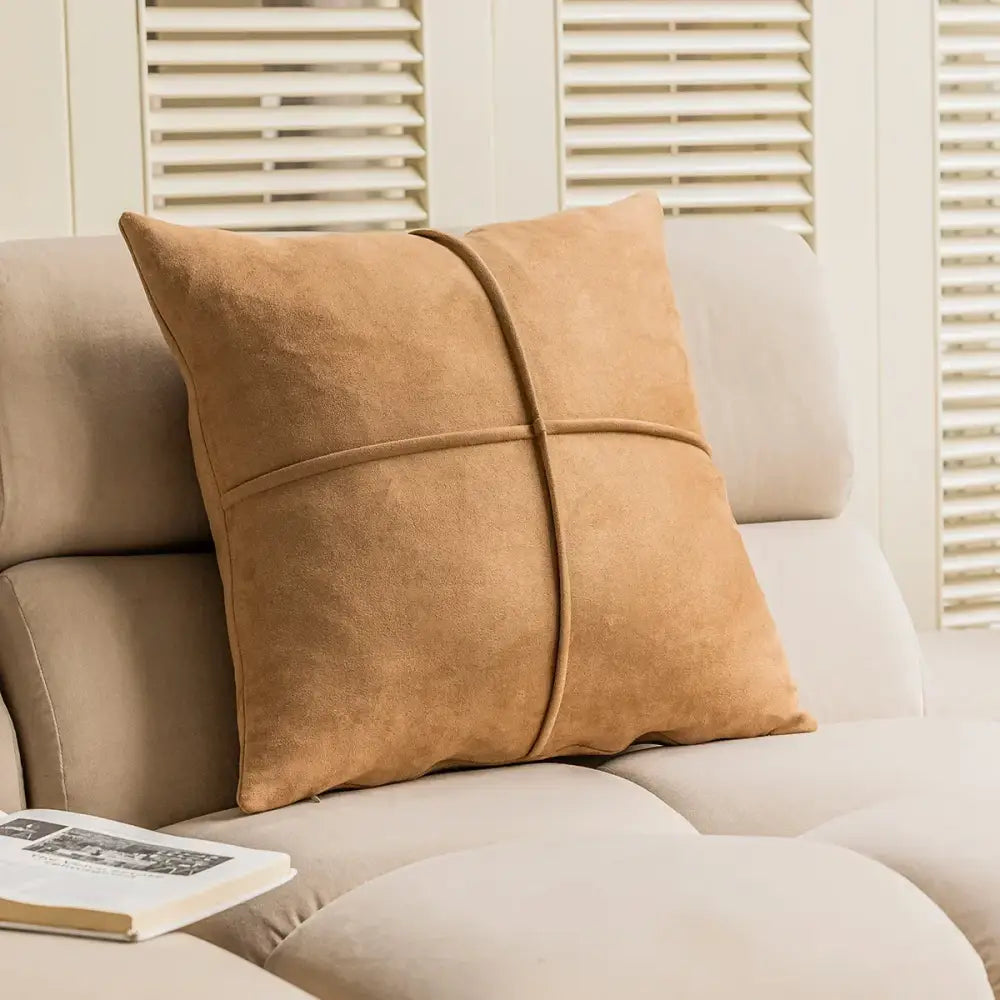 Tan suede throw pillow with cross-stitched design brown and white geometric embroidery plush cushion cover decorbites