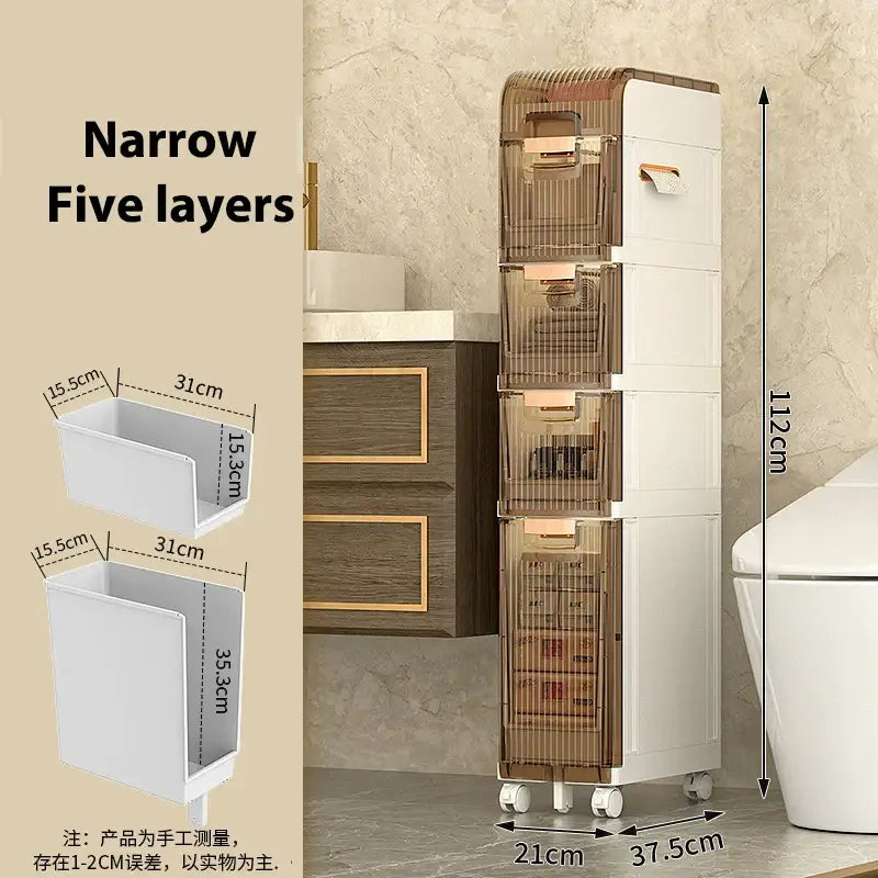 Brown and white five-layer crevice storage rack with gold-tone handles and wheels for bathroom decorbites crevice storage