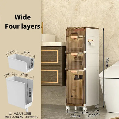 Brown and white multi-layer crevice storage rack with translucent drawers on wheels for bathroom decorbites crevice storage