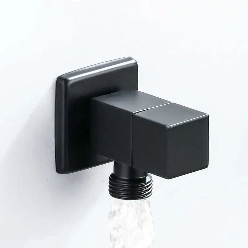 Black matte-finished square wall-mounted faucet with threaded spout for decorbites brus gold corner valve bathroom use