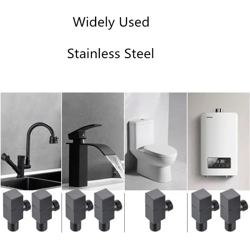 Black matte stainless steel bathroom fixtures including brus gold corner valve faucet toilet and wall-mounted water heater