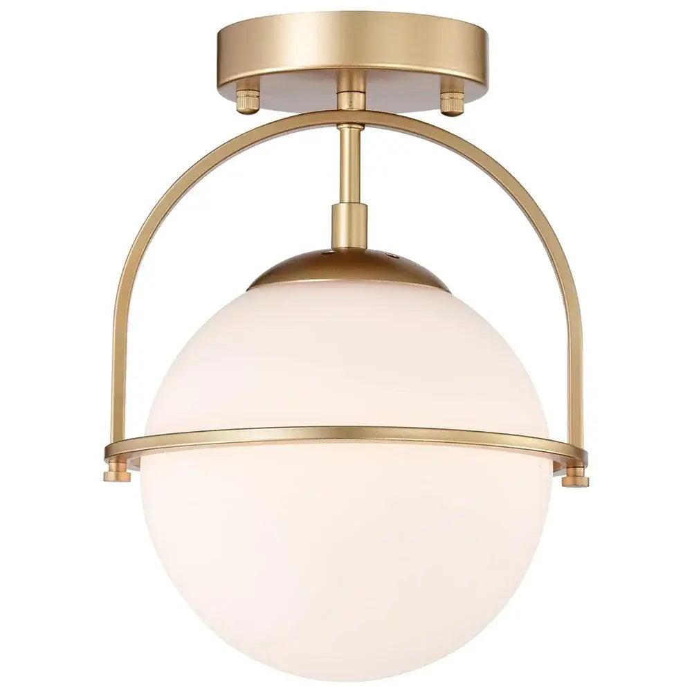 Brushed brass ceiling light with a spherical frosted glass ball and arched metal frame for living room decorbites glass ball