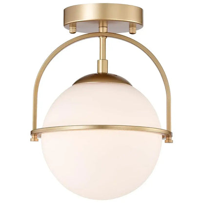 Brushed brass ceiling light with a spherical frosted glass ball and arched metal frame for living room decorbites glass ball