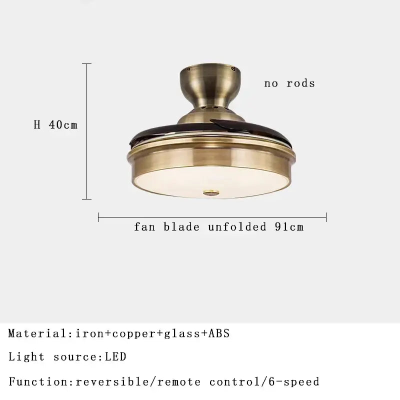Antique brass-finished ceiling fan with integrated led light, circular glass shade, dark blades, remote control, decorbites brushed copper
