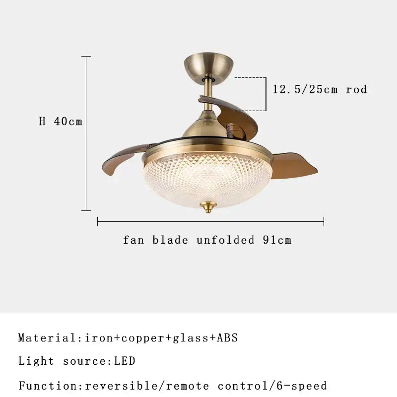 Antique brass-finished ceiling fan with integrated led light and textured glass shade decorbites brushed copper remote control