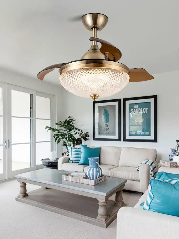 Brass-finished ceiling fan with wooden blades and textured frosted glass light fixture with remote control decorbites brushed copper