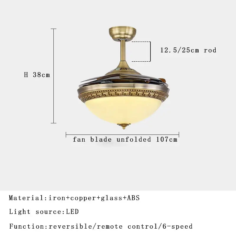 Brushed copper led ceiling fan by decorbites with remote control featuring greek key glass shade and 107cm blade span